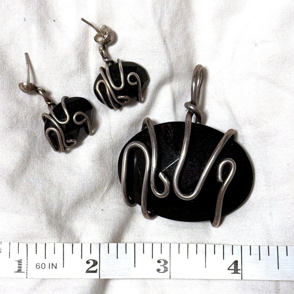 Mid Century Modernist Brutalist Sterling Silver Black Onyx Pendant Earring Set